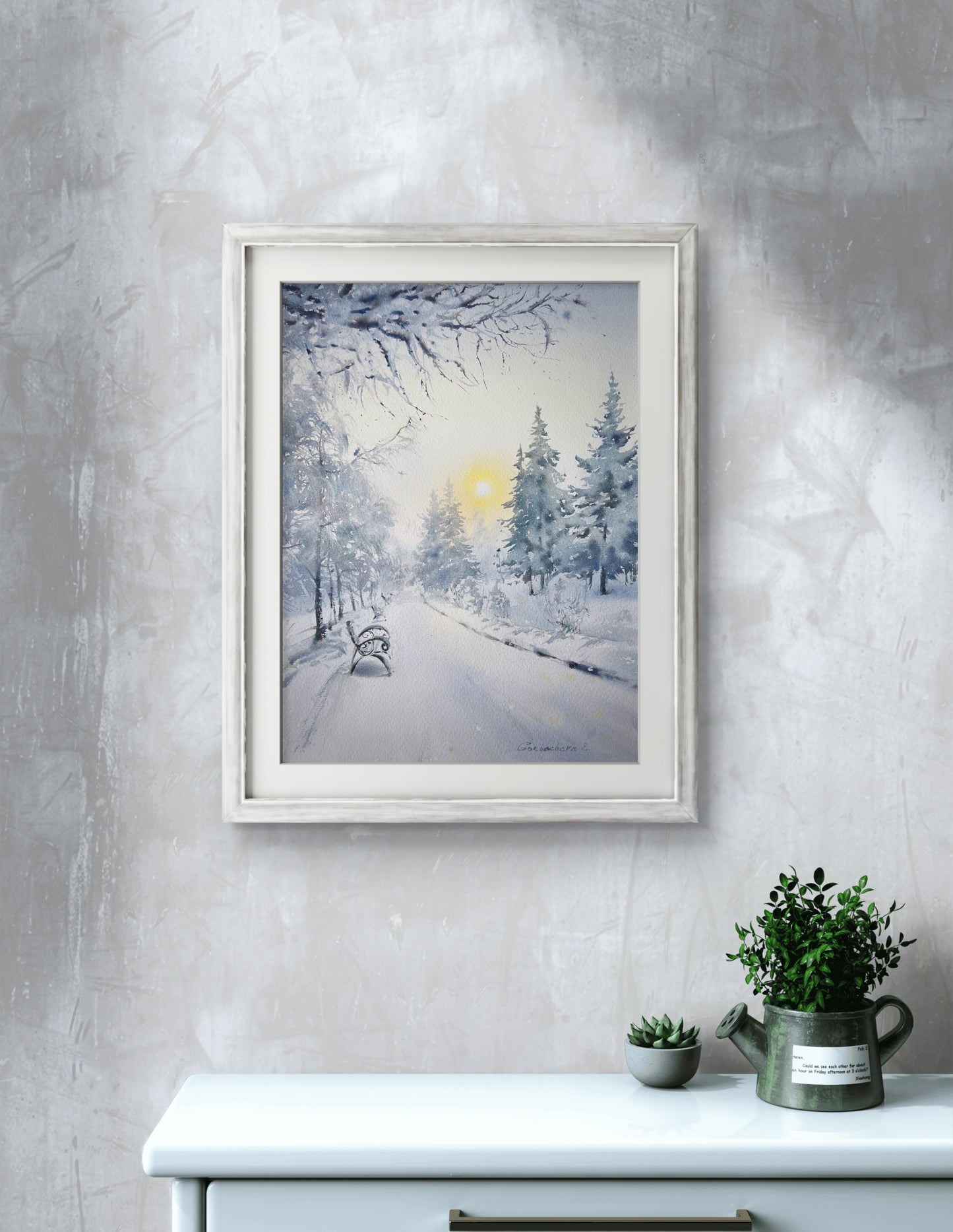 Painting Winter Dream: Cozy Bench Under the Snowy Sunlit Sky