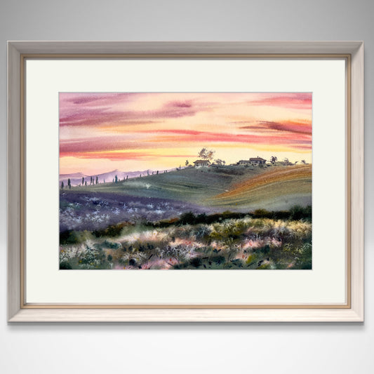 Tuscany Scenery Painting, Vibrant Watercolor Art, Country Wall Decor - Perfect Housewarming Gift
