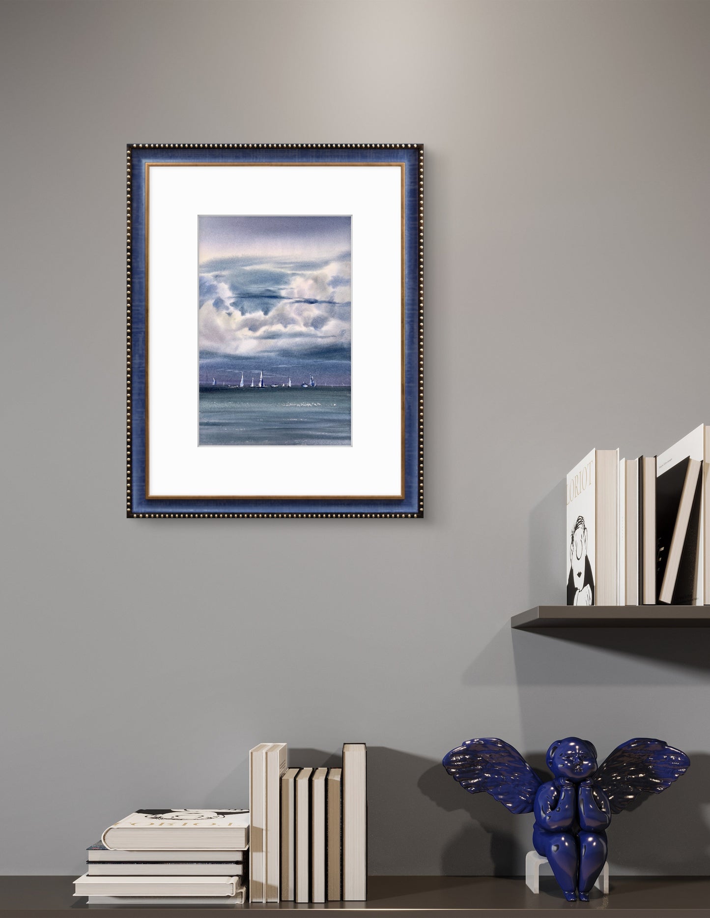 Original Watercolor Seascape, "Yachts at sea #23" Painting, Charming Gift for Ocean Lovers