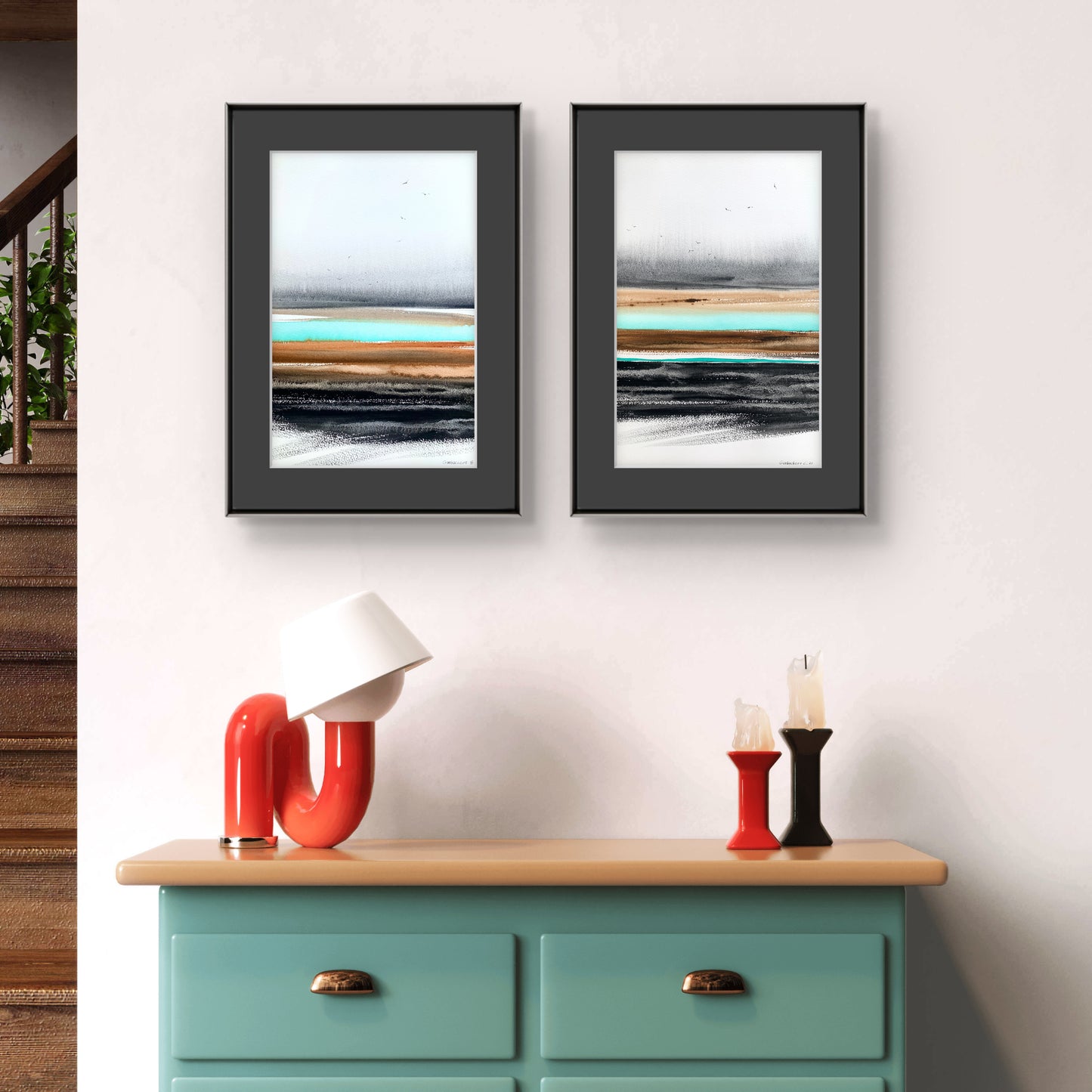 River Valley Abstract Painting - Watercolor in Gray, Burnt Orange, Turquoise Tones