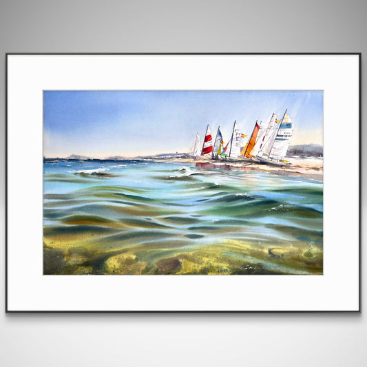 Yate y amanecer rosa n.° 3 - Acuarela - Decoración náutica para pared