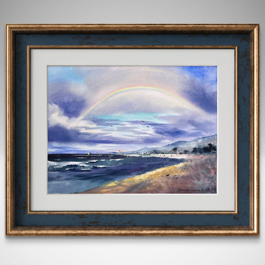 Sea Beach Painting Small, Original Watercolor, Rainbow Artwork, Rainbow over the Sea Kites 9x12