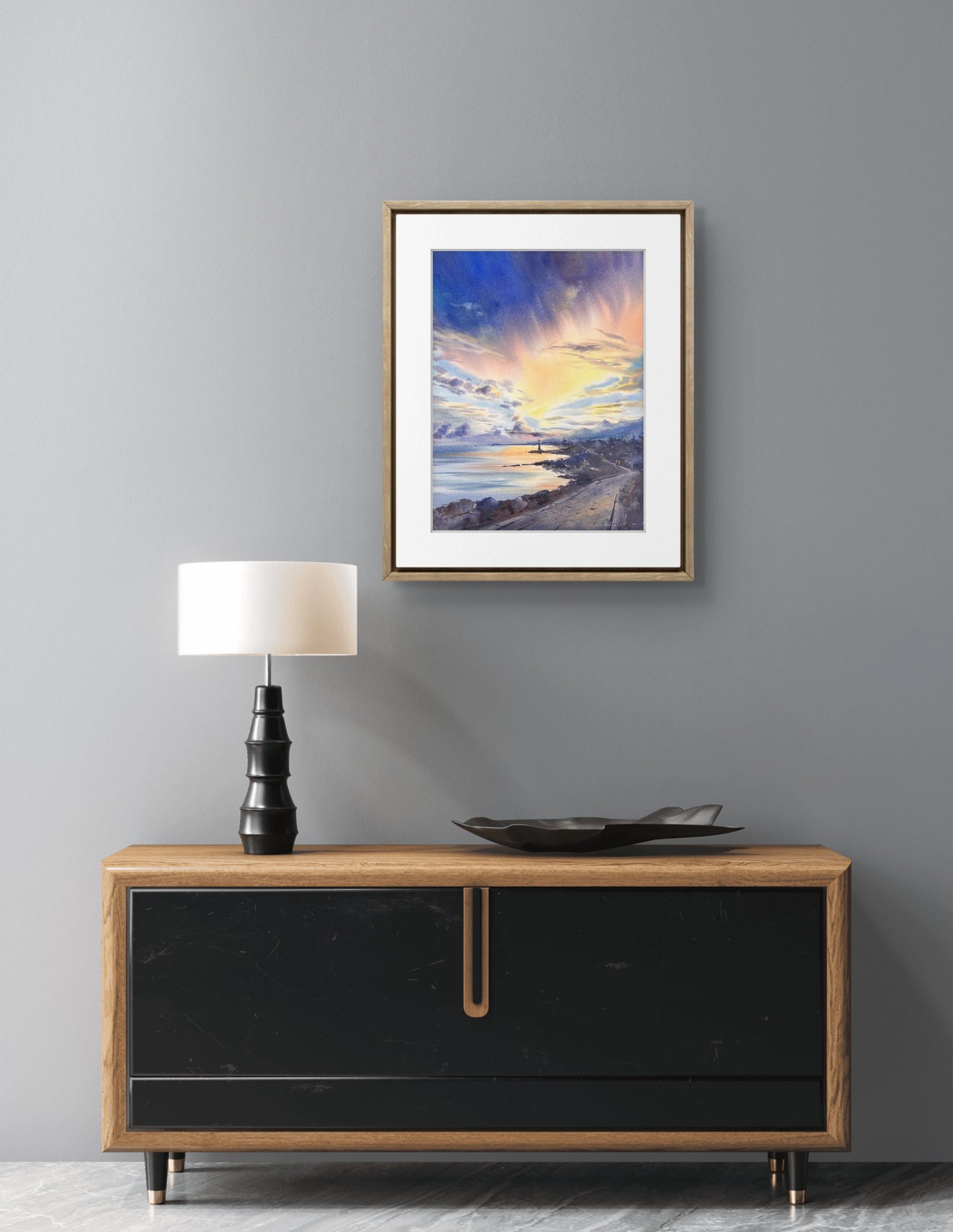 Lighthouse at Sunset Watercolor Painting | Nautical Ocean Wall Decor | Sunset Road and Lighthouse 12x16 in