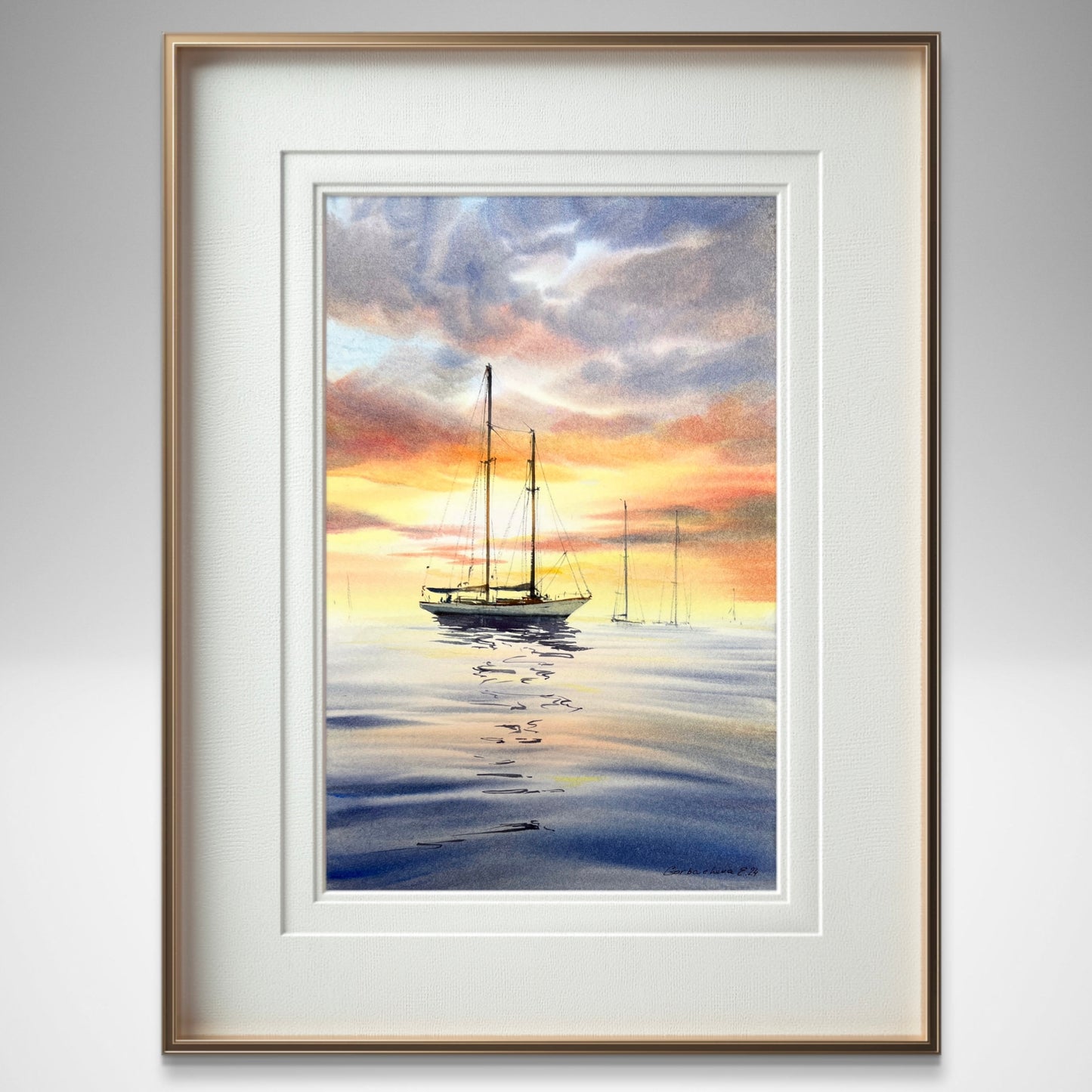 Yachts at Sunset #18 - Sunset Watercolor Painting, Nautical Art, Ocean Decor