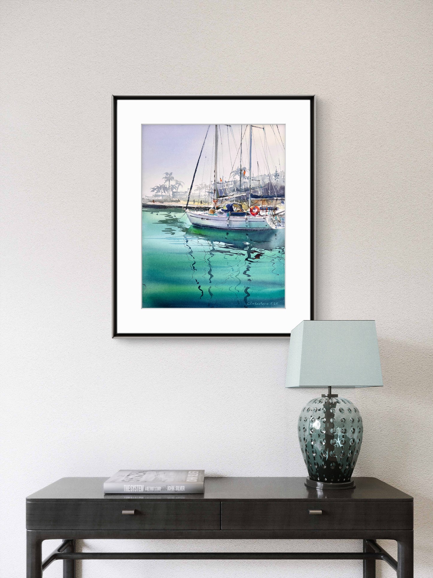 Tropical Sailboat Watercolor Painting, Coastal Marina Art, Emerald Silence 12x16