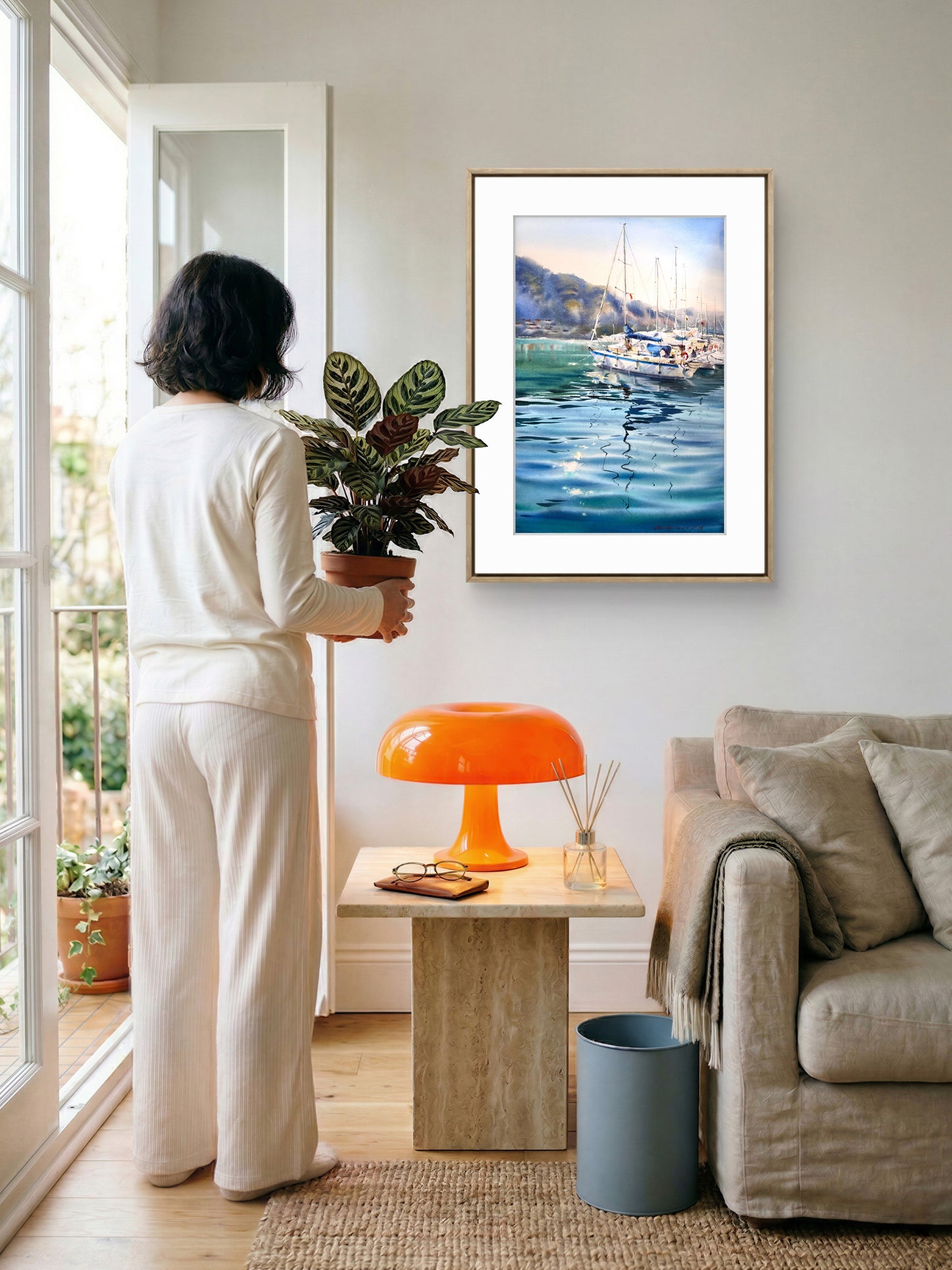 Underwater Light Watercolor, Sailboat Painting, Underwater Light 15x22