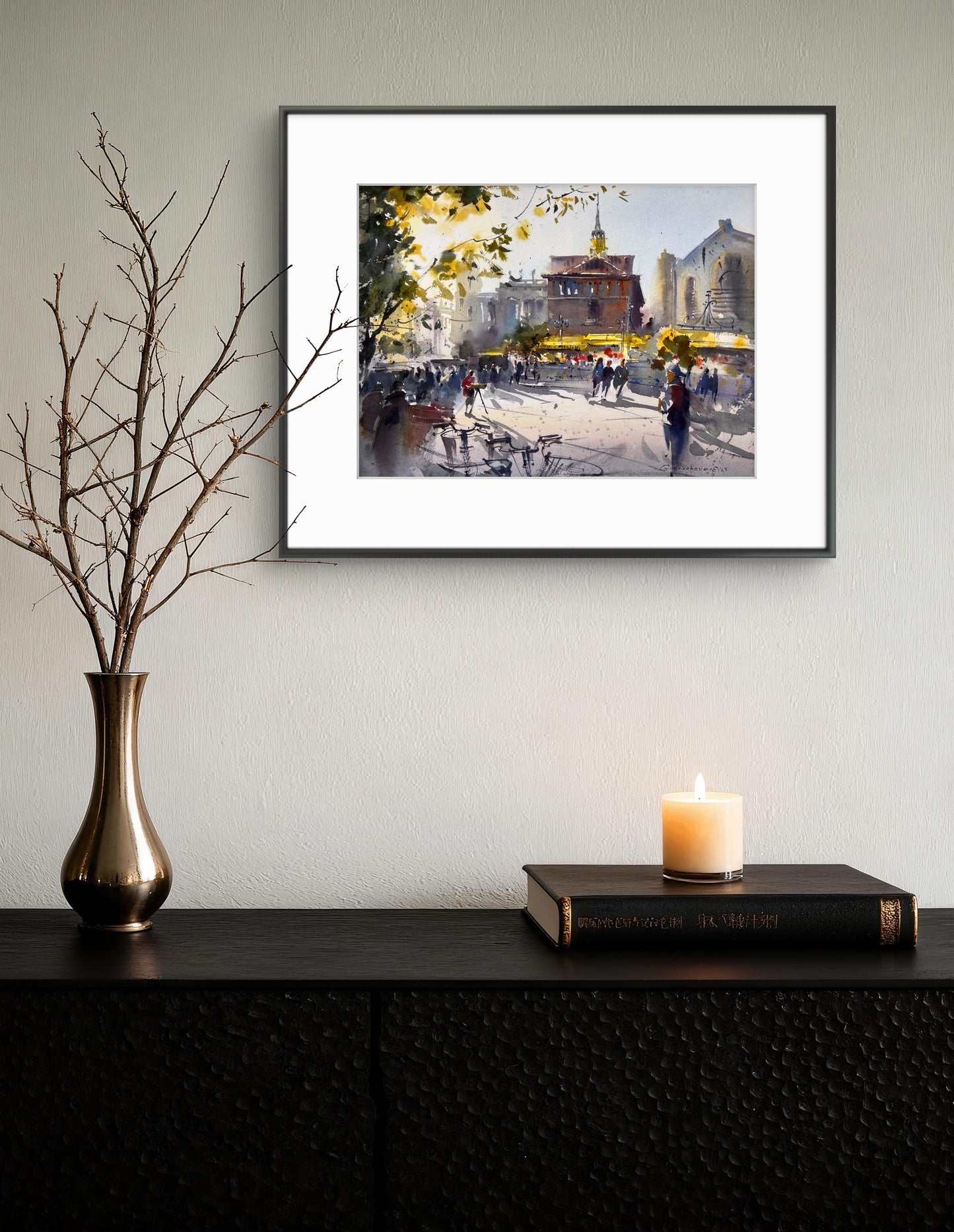 Valencia Spain Watercolor Painting Cityscape Art, Golden Valencia Glow 11x15 in