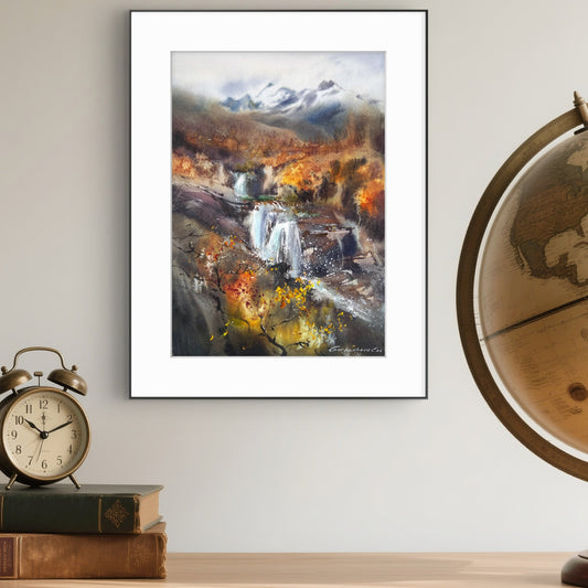 オリジナルの滝の水彩画、秋の風景のウォールアート、秋の滝の下の小舟 12x16インチ