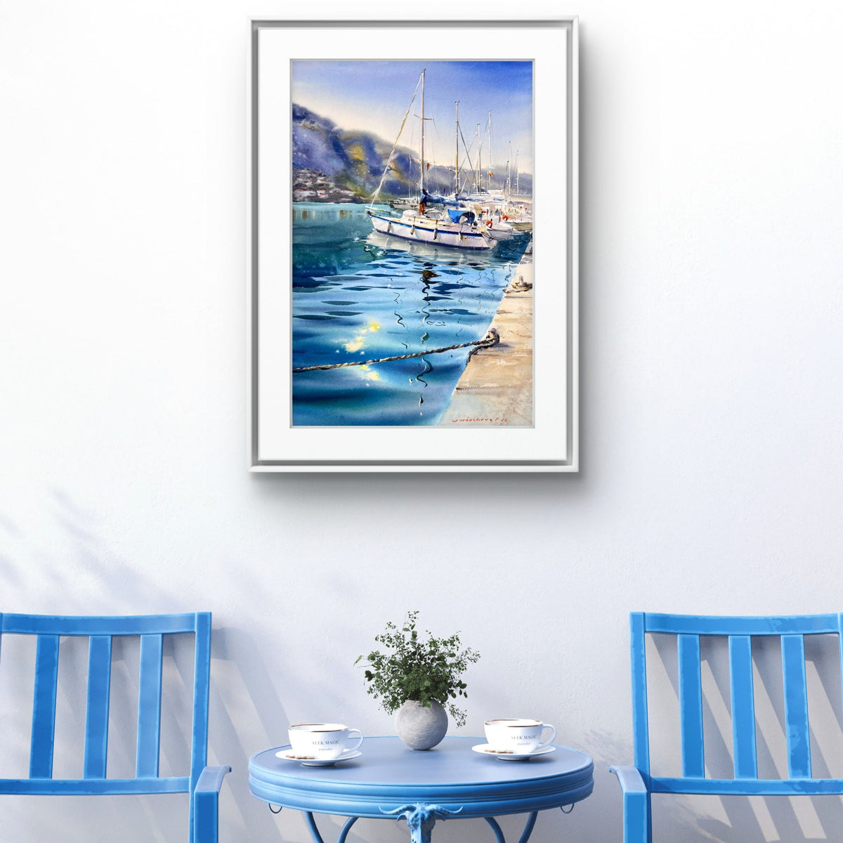 Original Watercolor Sailboat Painting, Mediterranean Harbor Art, A Harbor of Dreams 15x22