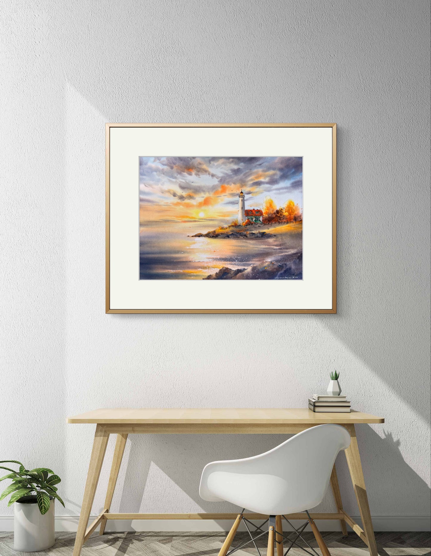 Lighthouse at Sunset Watercolor - Autumn Landscape - Original Painting