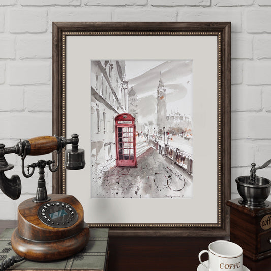 Streets of London Watercolor Art - Red Telephone Box Painting - Timeless London 9х12