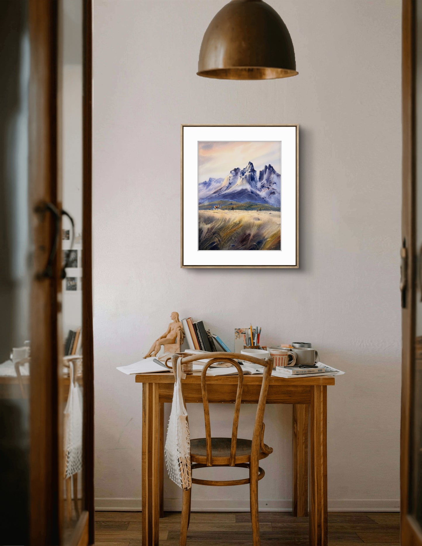 Original Mountain Landscape Watercolor Painting, Horse in High Grass Field Art, Where the Wind Runs Free 12x16