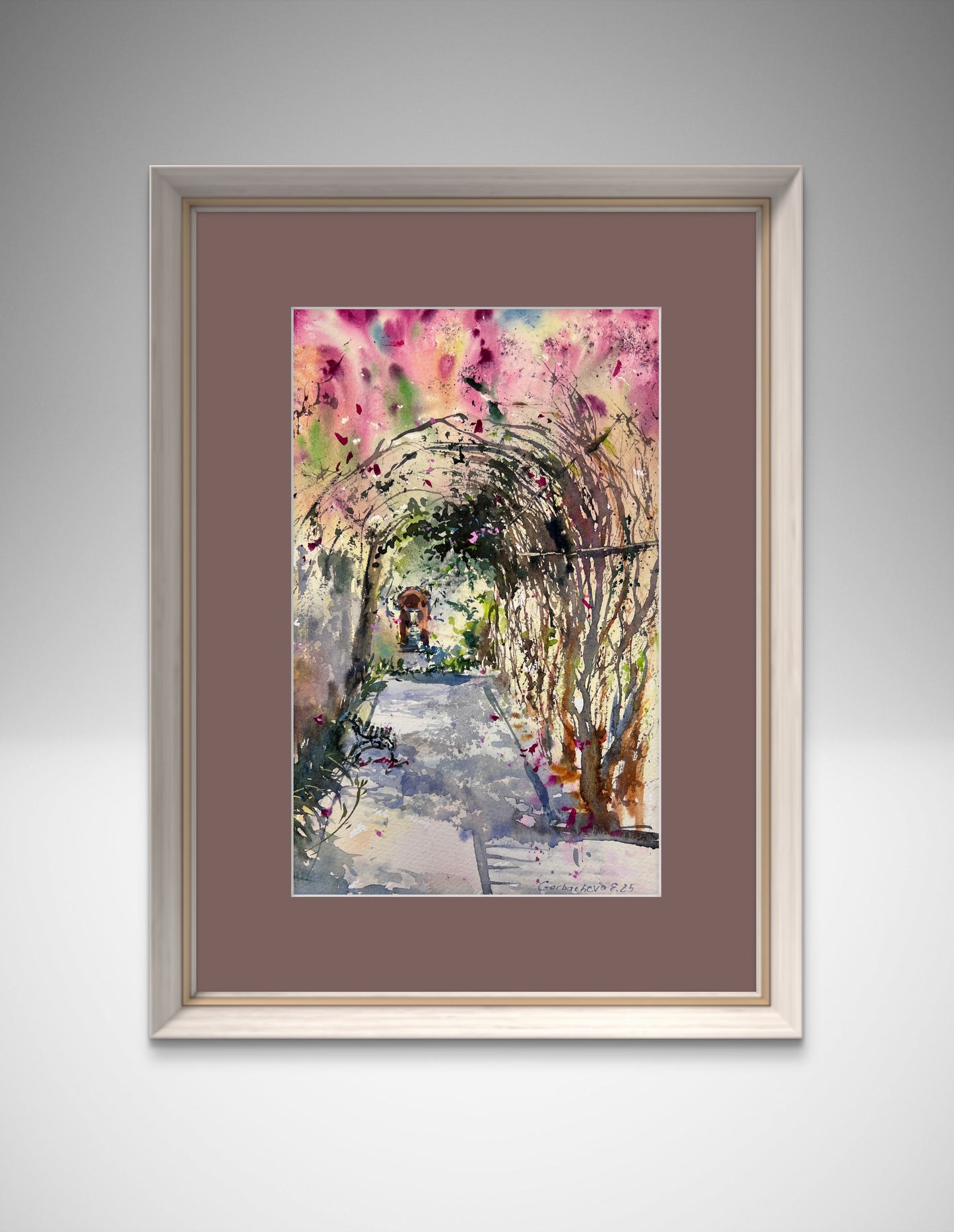 Original Watercolor Garden Arch Painting, Bougainvillea Tunnel #2, 7 x12 in