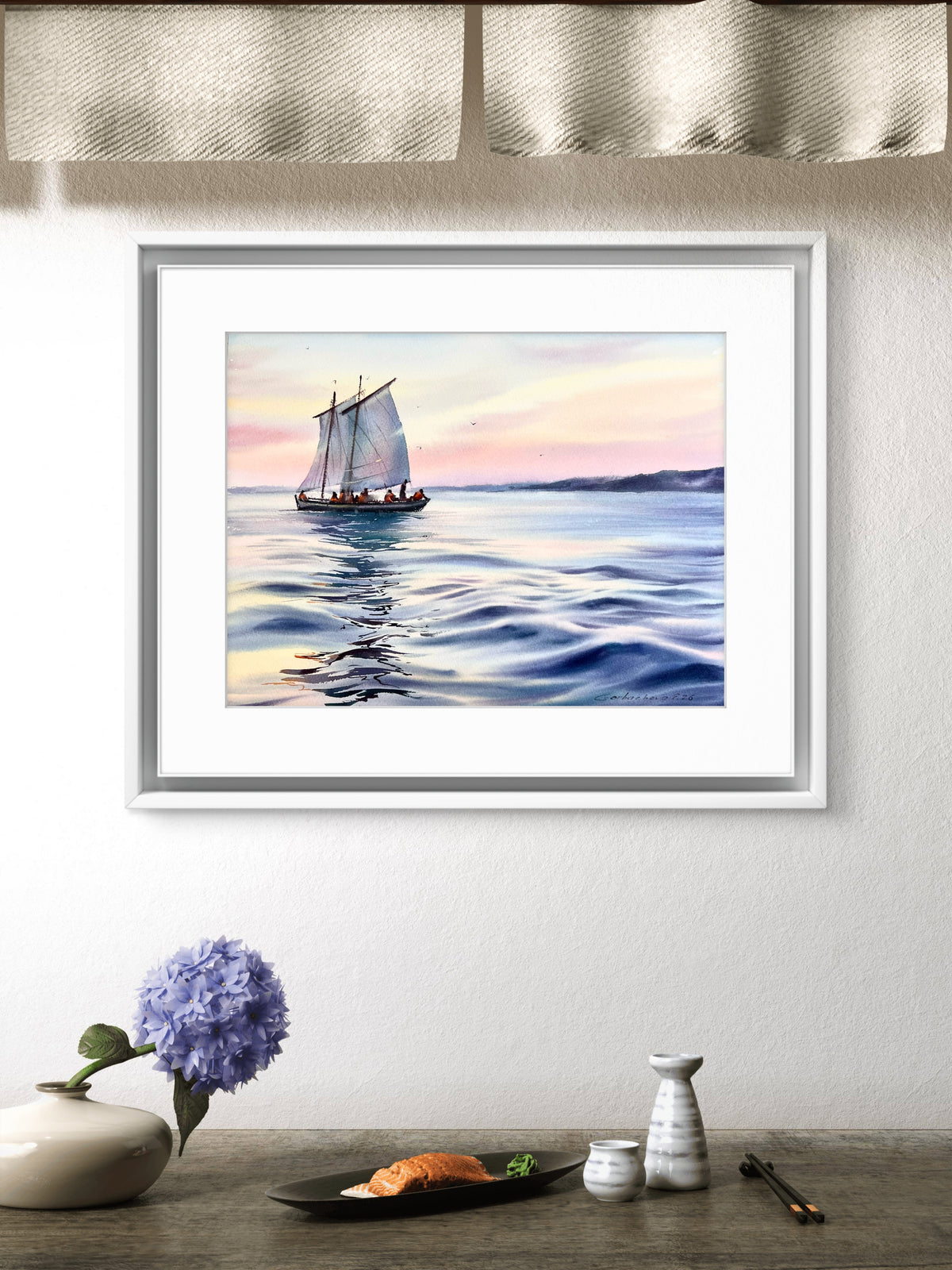 Sailboat Seascape Watercolor Painting, Calm Ocean Art, Quiet Sailing 12x16