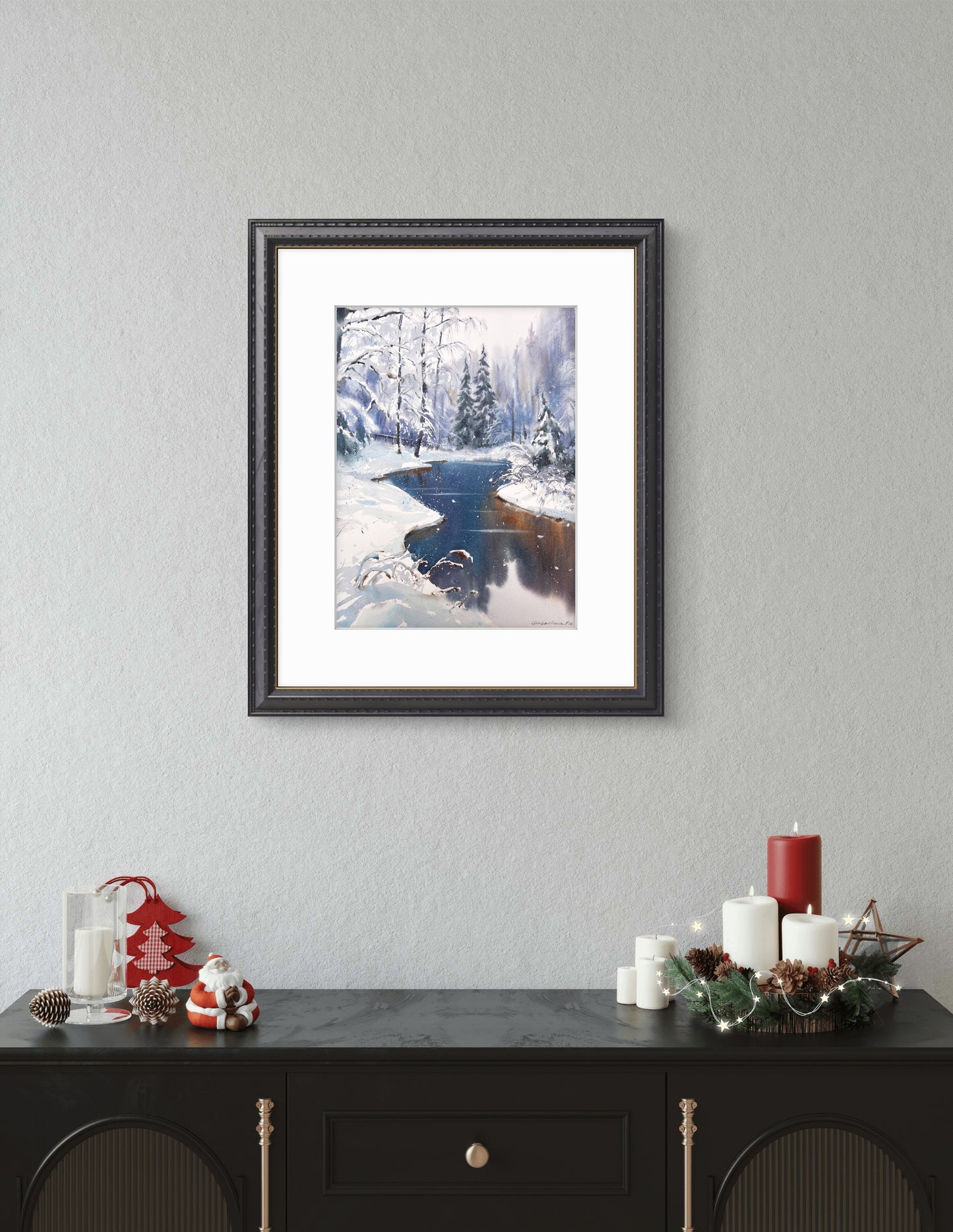 Original Winter Landscape Watercolor Painting, Snowy Forest River Art, Crystal Dawn 9x12
