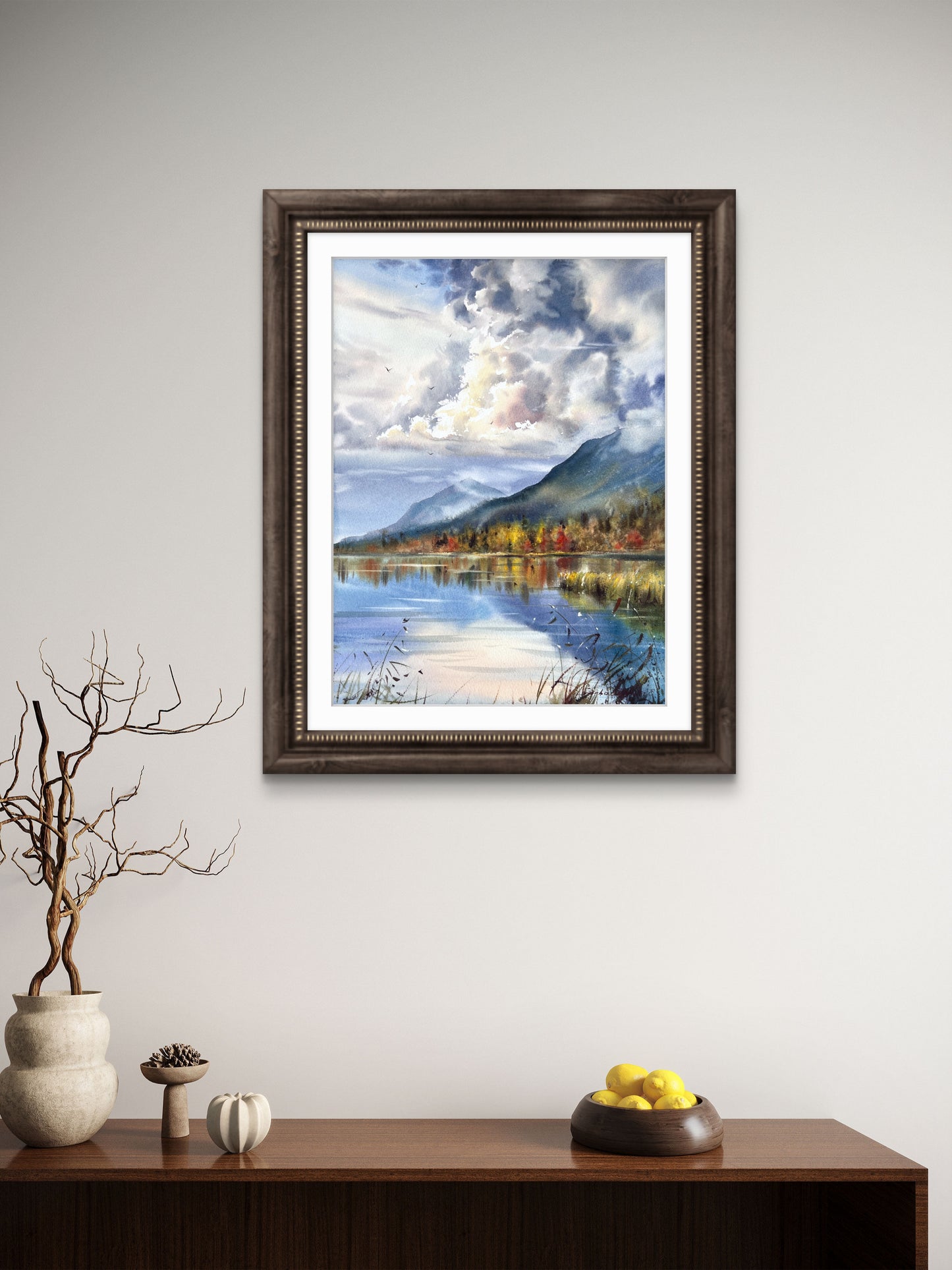 Mountain Lake Watercolor, Autumn Landscape Painting, Autumn Light on the Lake 12x16 in