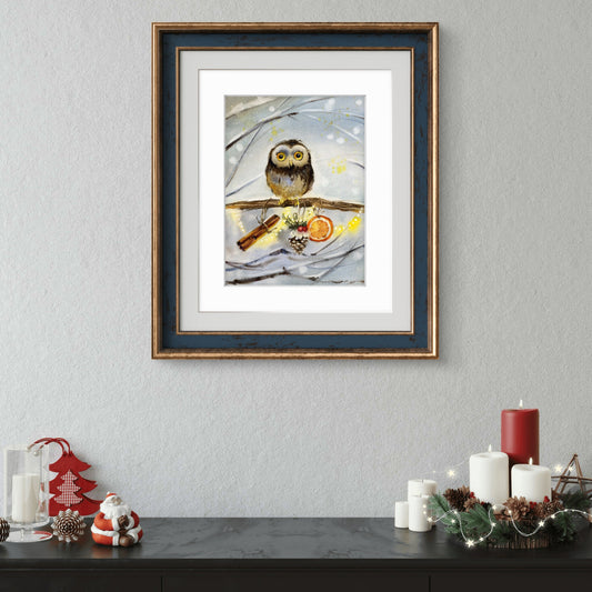 Christmas Owl Painting Original, Small Watercolor Artwork , New Year Gift, Bird Wall Art Decor, Christmas Gift