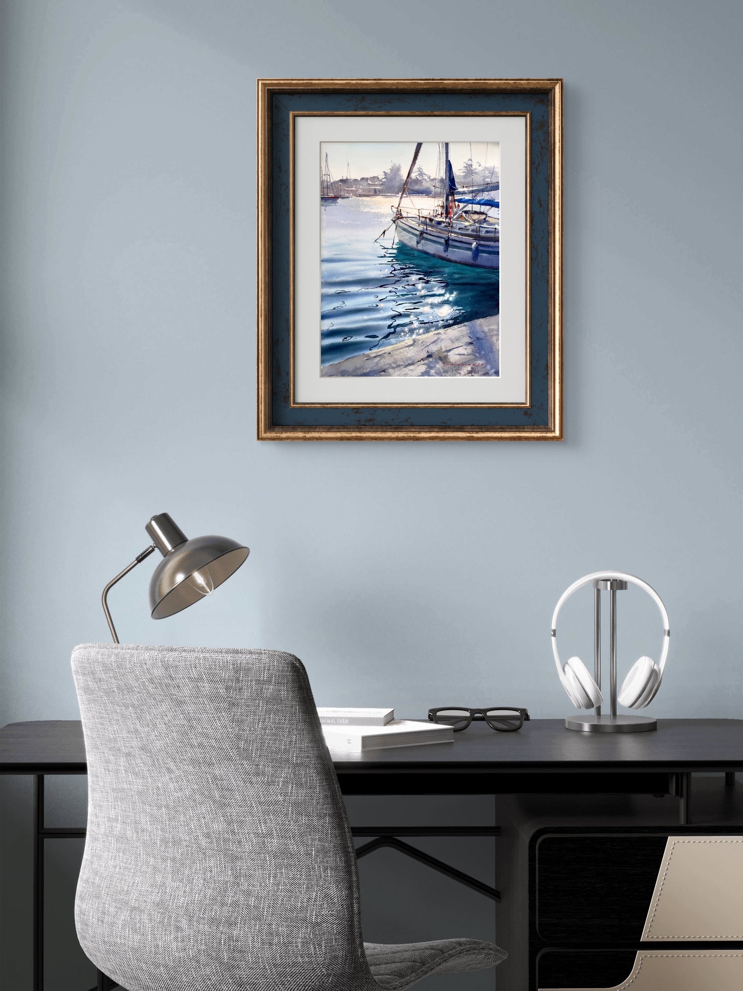 Original Watercolor Sailboat Painting, Marina Seascape, Dancing Reflections 12x16