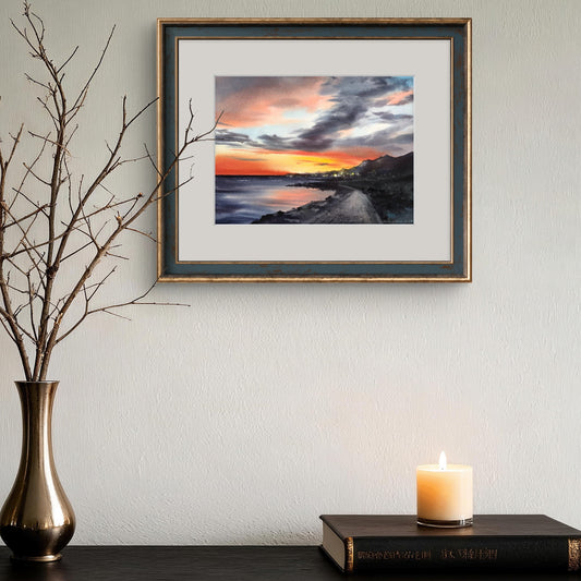 Coastal Sunset Painting, Sea Beach Watercolor Original Art, Landscape Wall Art, Sky, Nature, Orange Grey, Gift For Mom