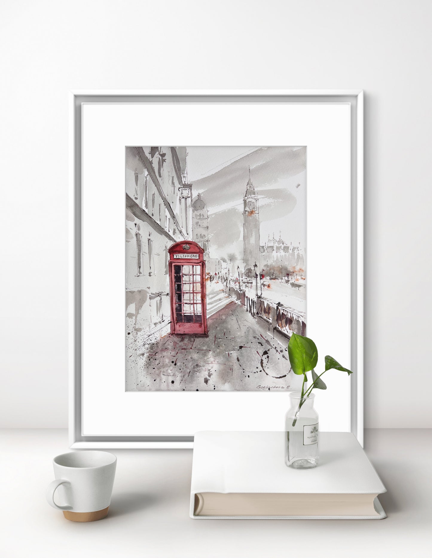 Streets of London Watercolor Art - Red Telephone Box Painting - Timeless London 9х12