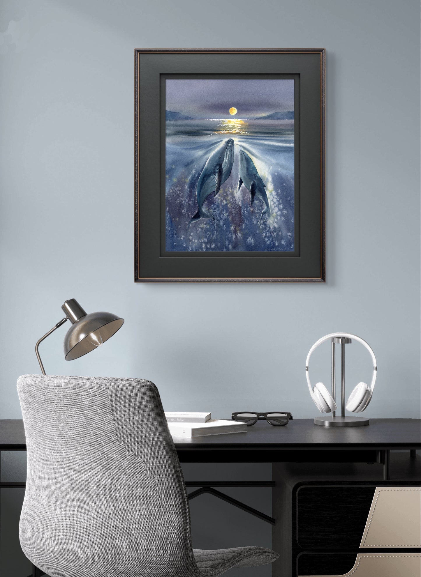 Whale Family Moonlight Watercolor Print - Whale Ocean Art