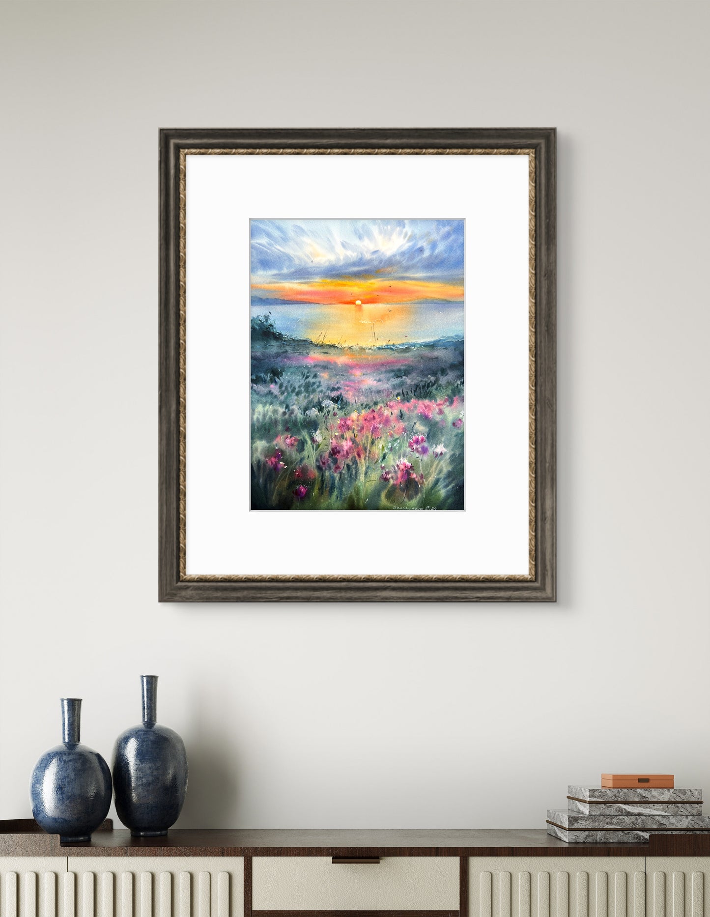Original Watercolor Painting: Flowers and Sea at Sunset - Clover Field Art