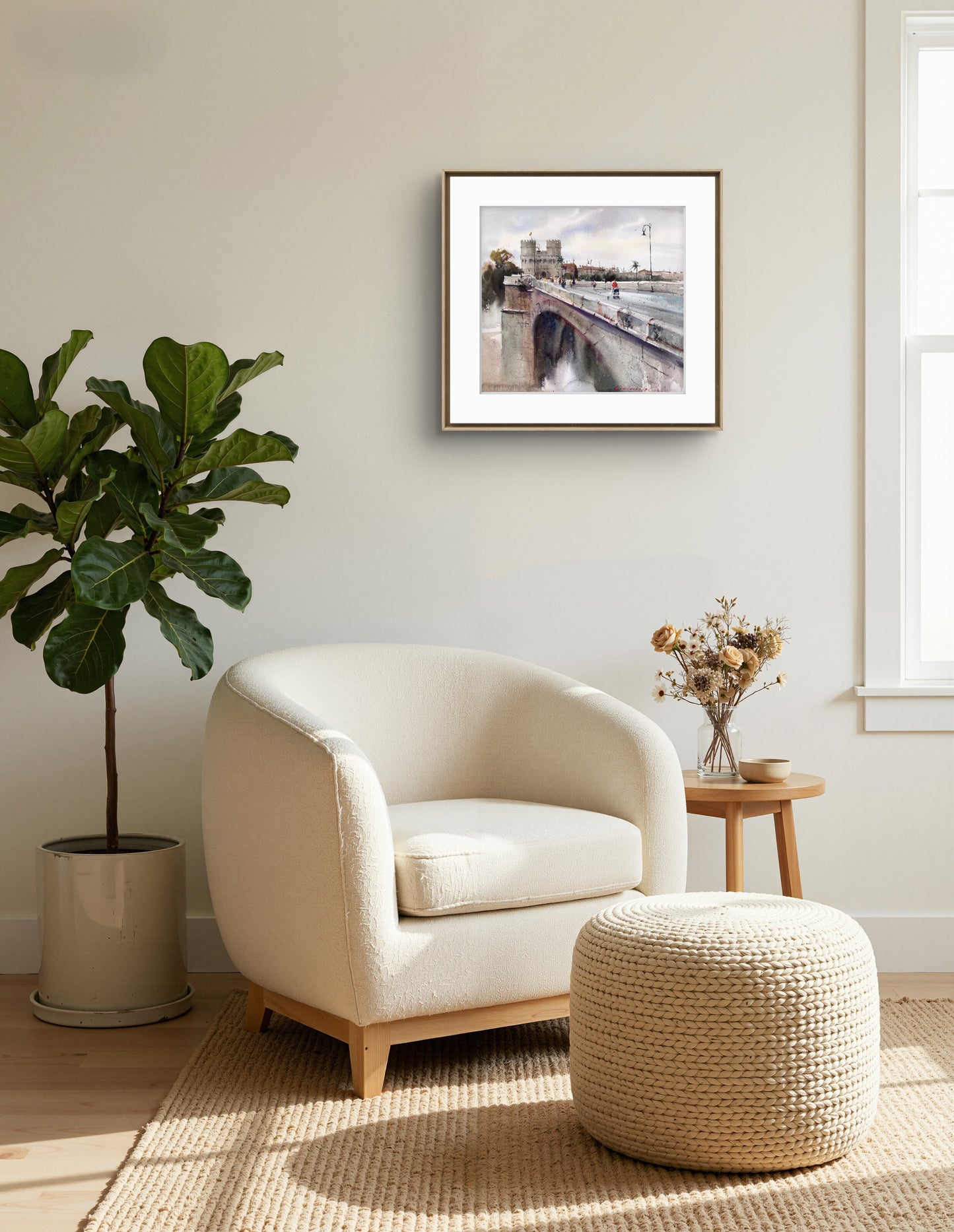 Valencia Watercolor Painting Print, Historic Bridge Torres de Serranos, Valencia Dreaming Towers 14x14.4