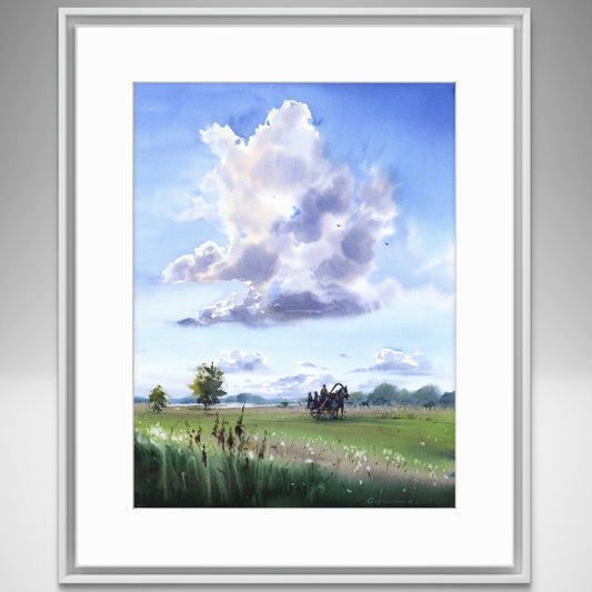 Watercolor Painting of Summer Field, Horse Carriage, Journey Under Clouds 12х16 in
