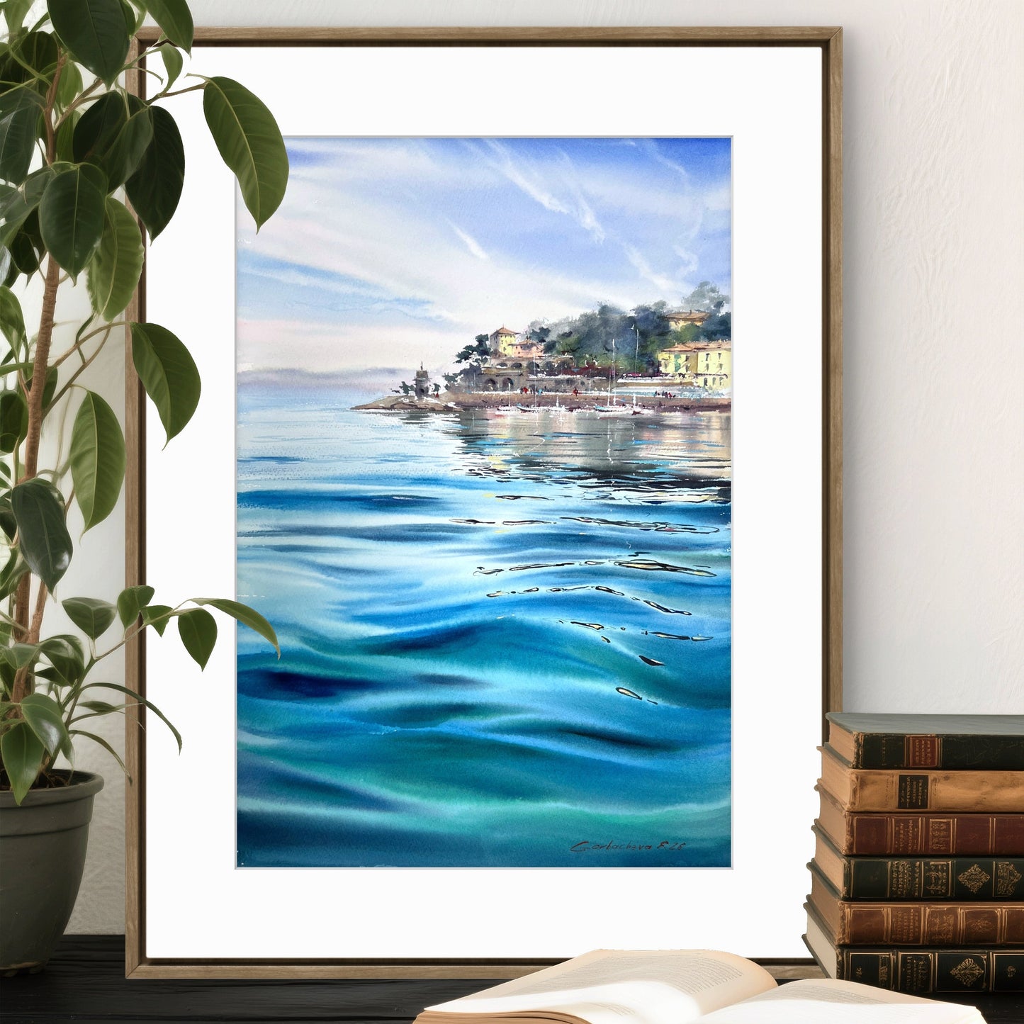 Recco Liguria Watercolor, Italian Riviera Seascape, Blue Waters of Recco 15x22