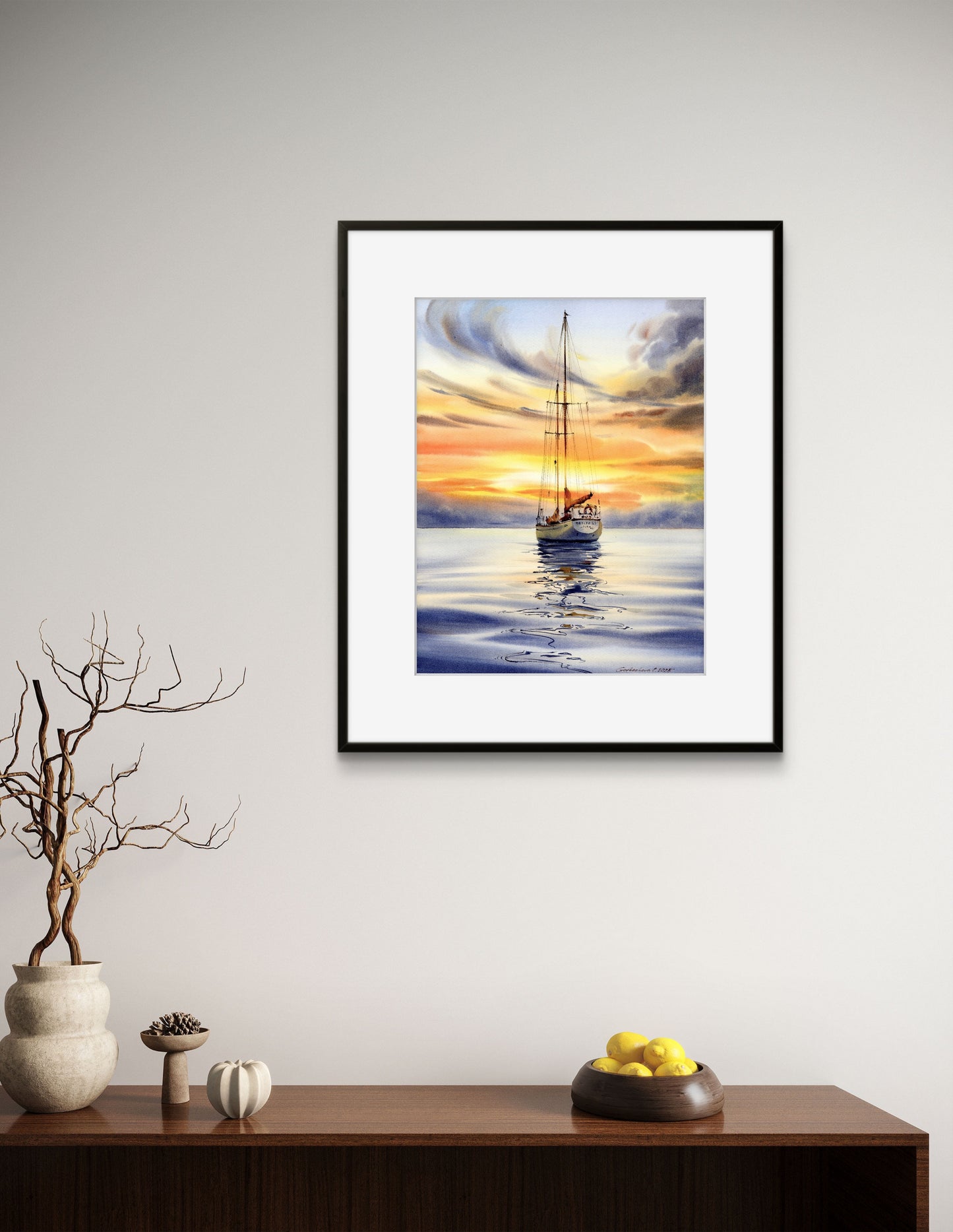 Original Sunset Sailboat Watercolor Painting, Yacht on Reflective Water Art,Golden hour on a yacht #2 12x16 in