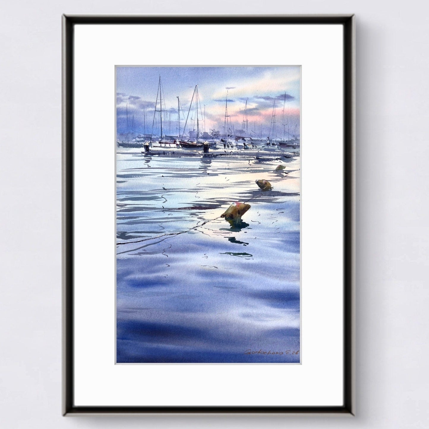Original Watercolor Marina Painting | Sailboats at Sunset | Harbor Silence 10x16