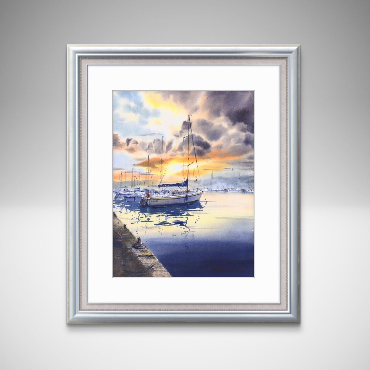 Sunset Sailing Watercolor, Yacht Harbor Painting, Harbor in Amber 12x16