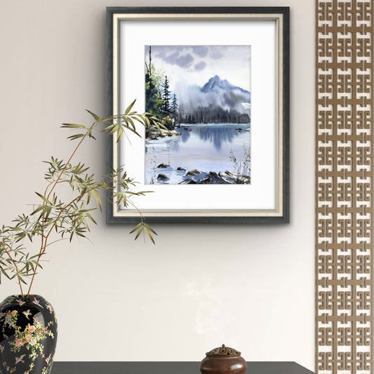 Mountain Lake Watercolor Painting, Snowy Peaks Landscape, Mountain Lake #21 12x16