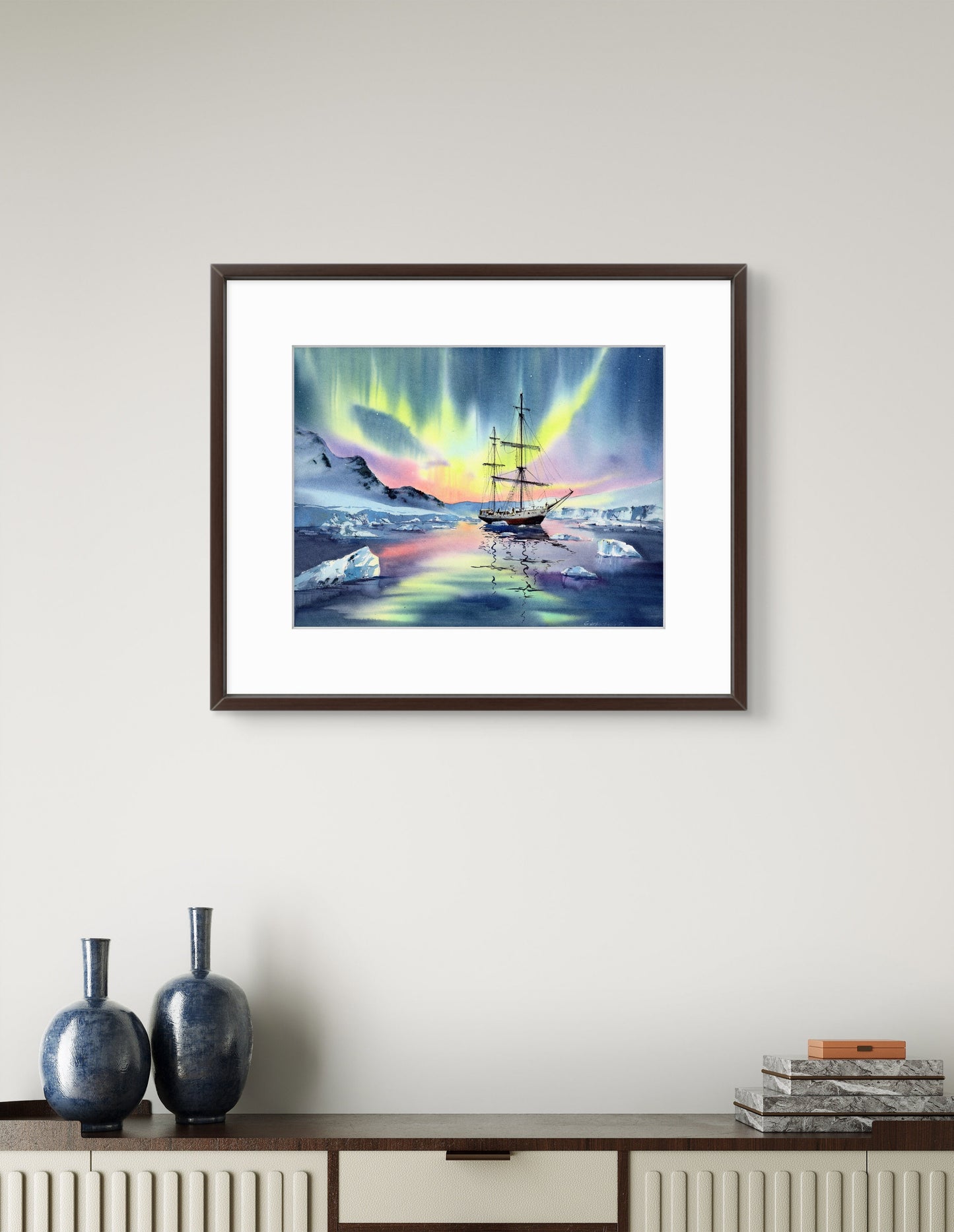 Original Northern Lights Art, Polar Watercolor, Arctic Serenity 12x16 in