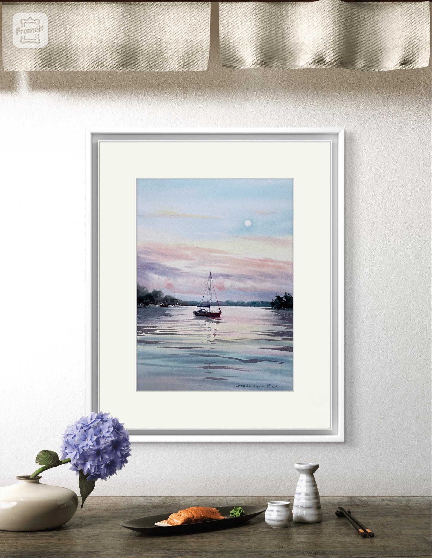 Sailboat Painting Original, Watercolour Seascape - Yacht and Pink Dawn #2