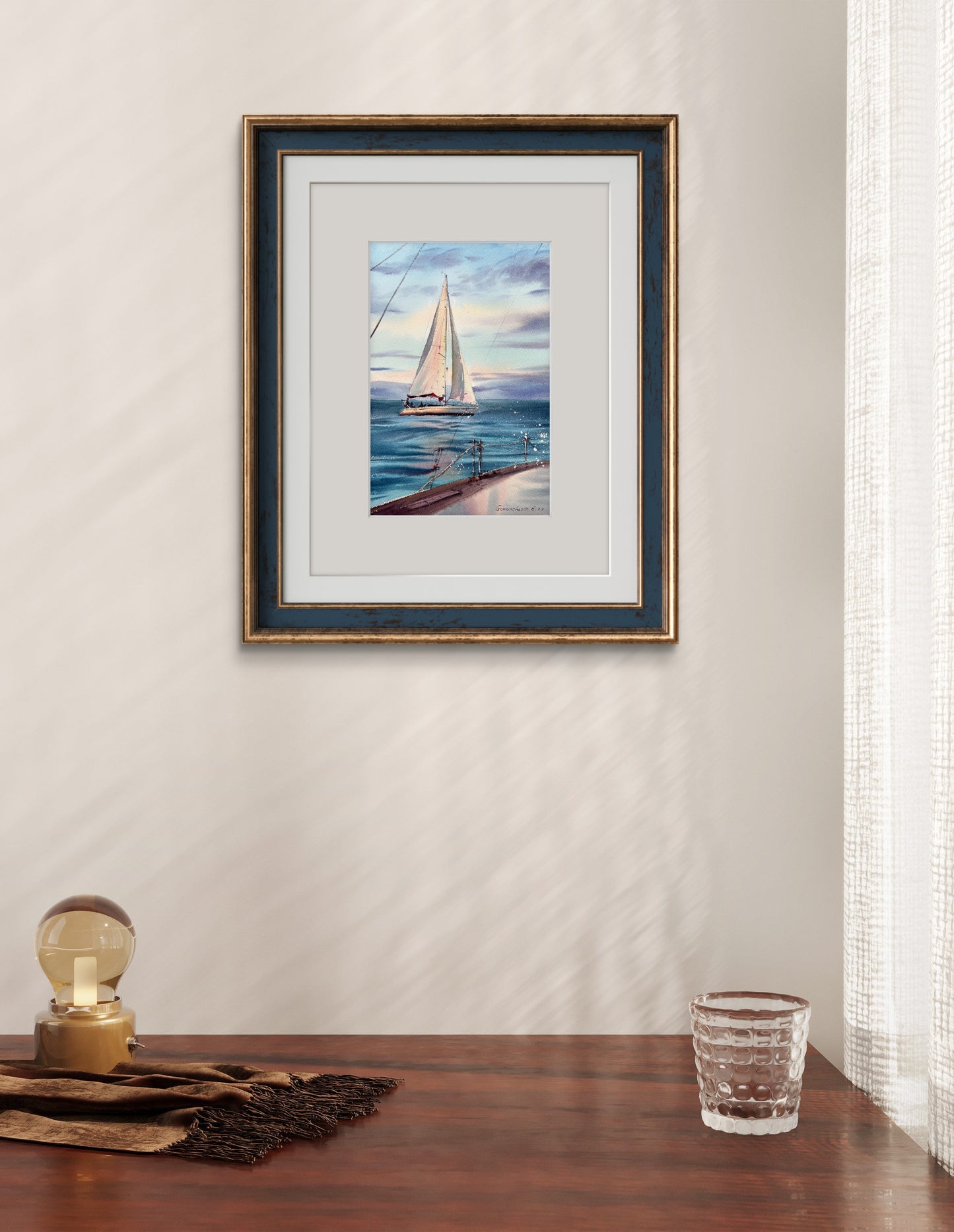 Sea Sailboat Small Painting, Watercolor Original - Yachts at Sea #19