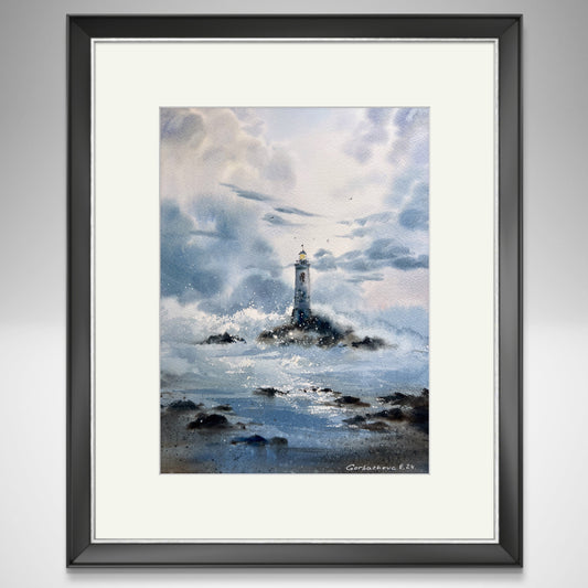 Nautical Watercolor Art - 'Beacon of Hope' Lighthouse Painting in Stormy Weather