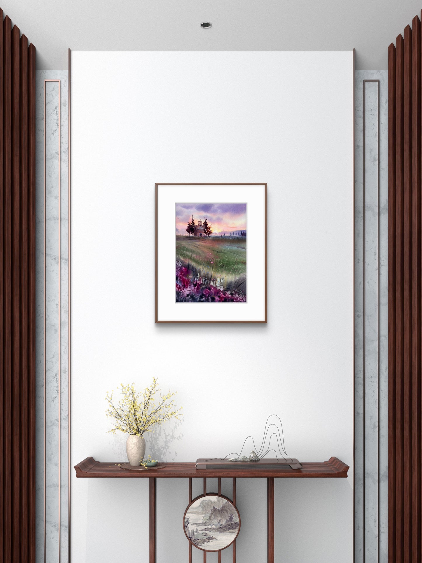 Tuscany Watercolor Painting Italy Landscape Art, Tuscan Chapel Glow 12x16