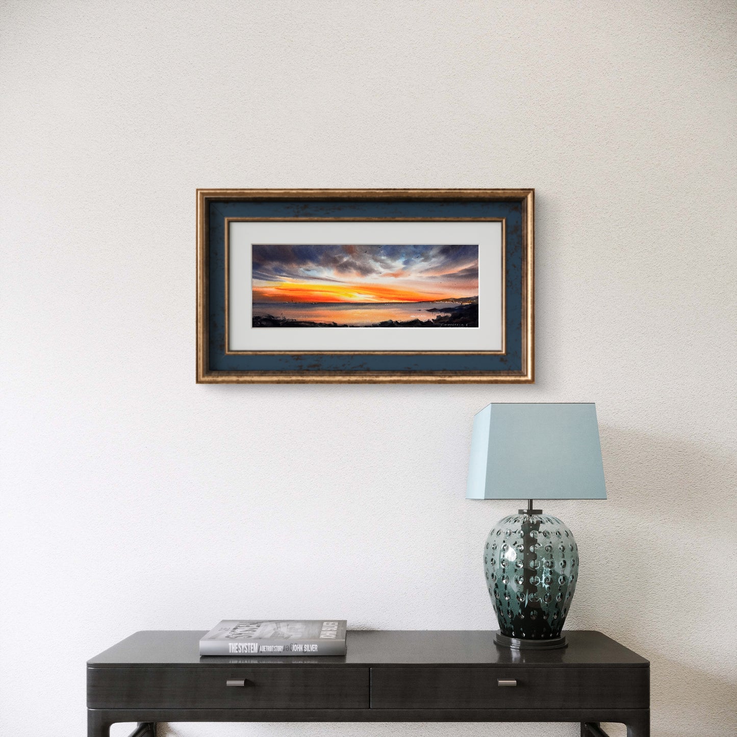 Cyprus Coast Watercolor Painting, Sunset Song of Cyprus  5.5 x15