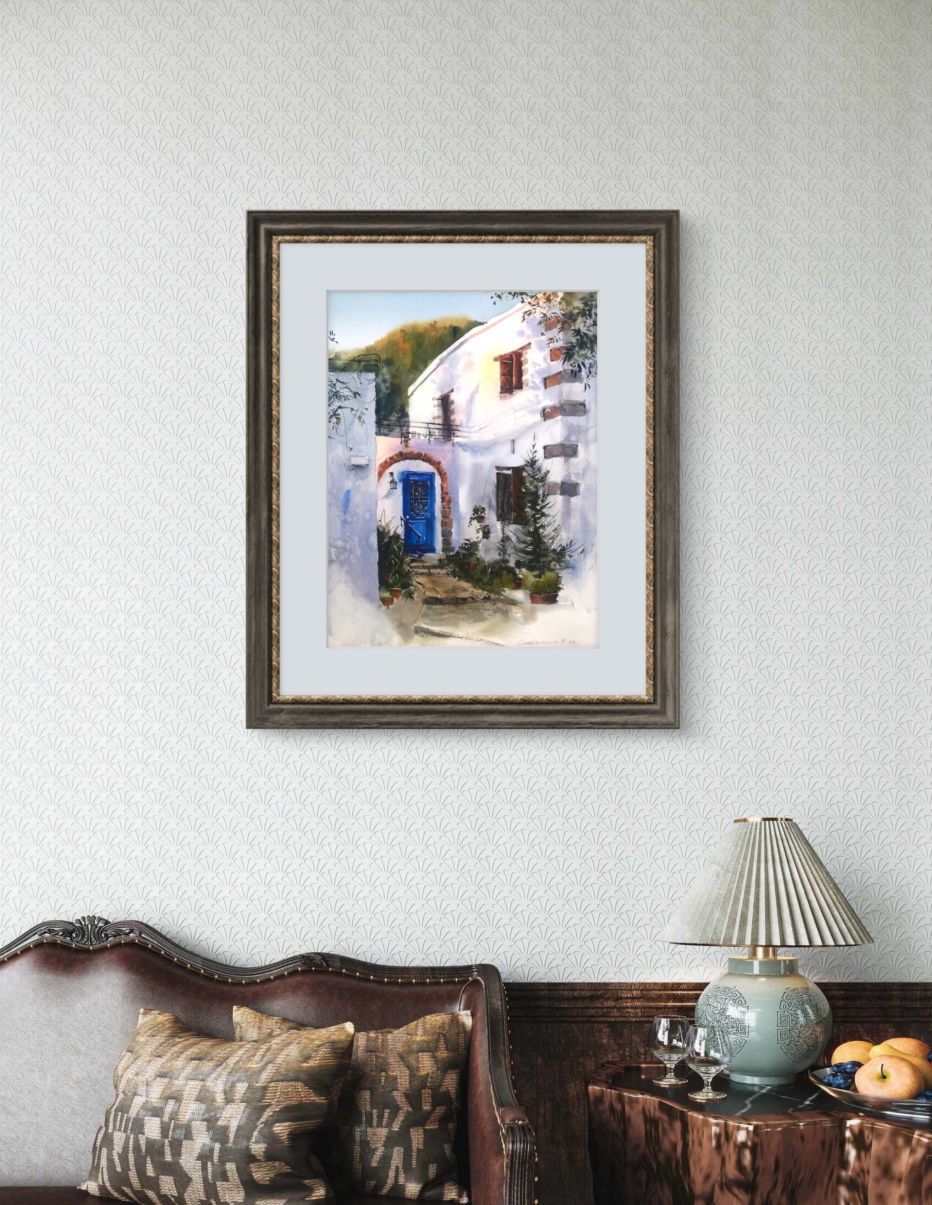 Greek Coastal City Painting Original, Sunset Watercolor Artwork