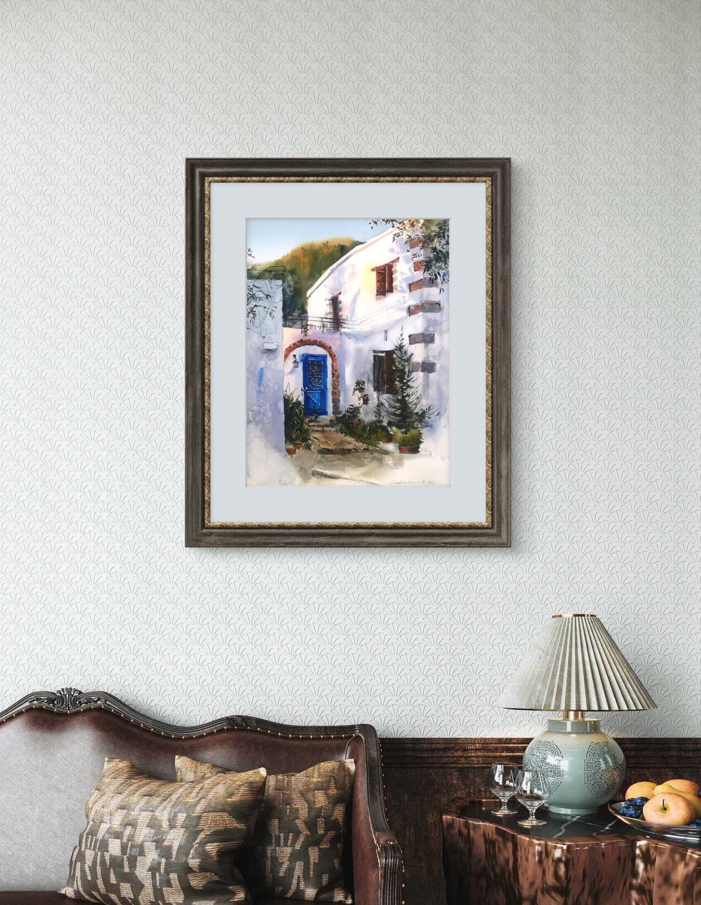 Greek Coastal City Painting Original, Sunset Watercolor Artwork, Greece Coast Village, Greek Village Sunrise #3 12x16