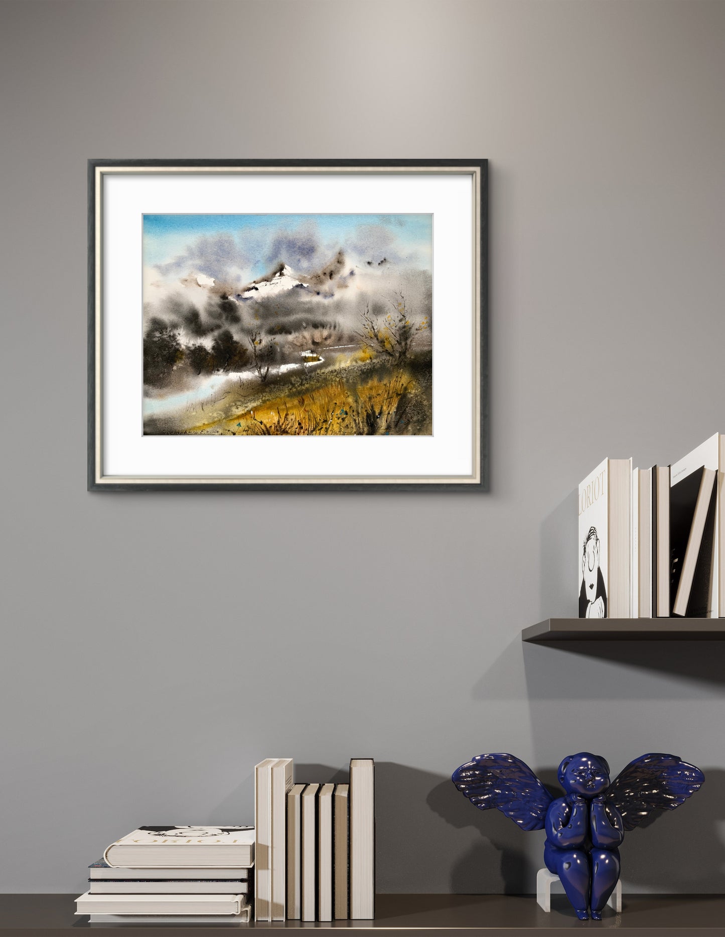 Abstract Mountain Painting Watercolour Original,   Wall Decor, Modern Landscape With River, Mountainscape #4