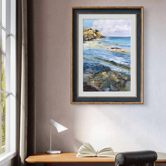 Beach Painting, Cloud Watercolor Original Art, Abstract Landscape Artwork, Coast Wave Wall Decor, Sky And Sea Office Painting