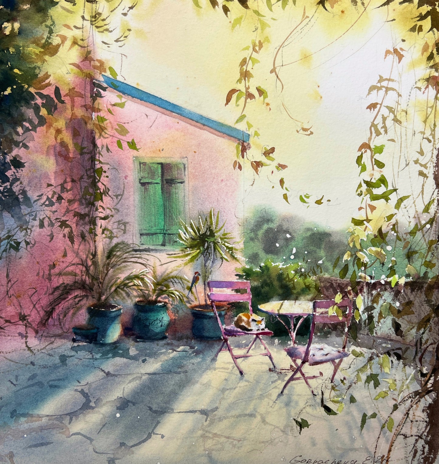 Cyprus Cafe Watercolor Painting, Sunlit Cyprus Corner 12x13