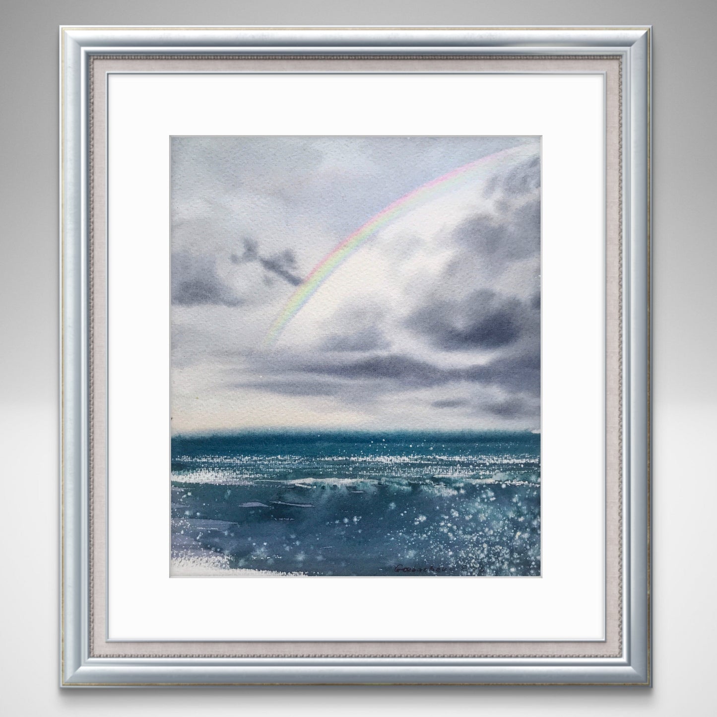 Rainbow Over Sea Original Watercolor Painting, Coastal Ocean Wall Art, Rainbow over the sea 7.5x9