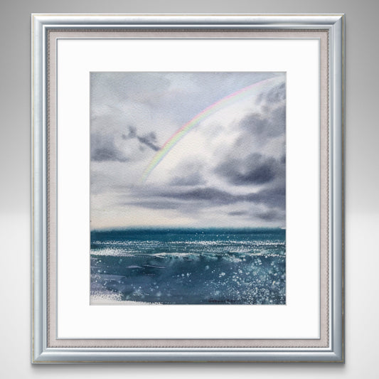 Rainbow Over Sea Original Watercolor Painting, Coastal Ocean Wall Art, Rainbow over the sea 7.5x9