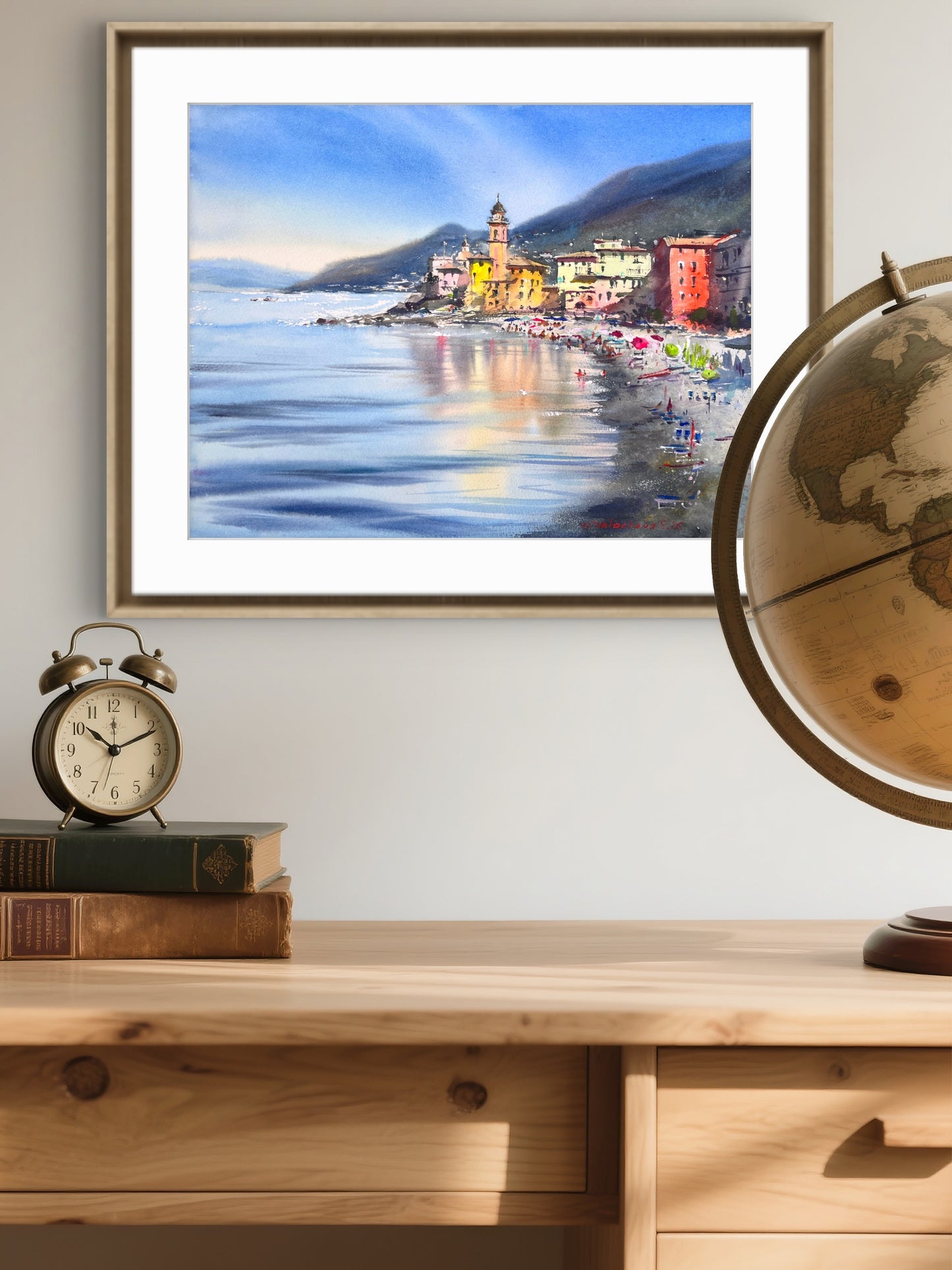 Camogli Italy Watercolor Painting, Coastal Wall Art, Morning in Camogli 12x16