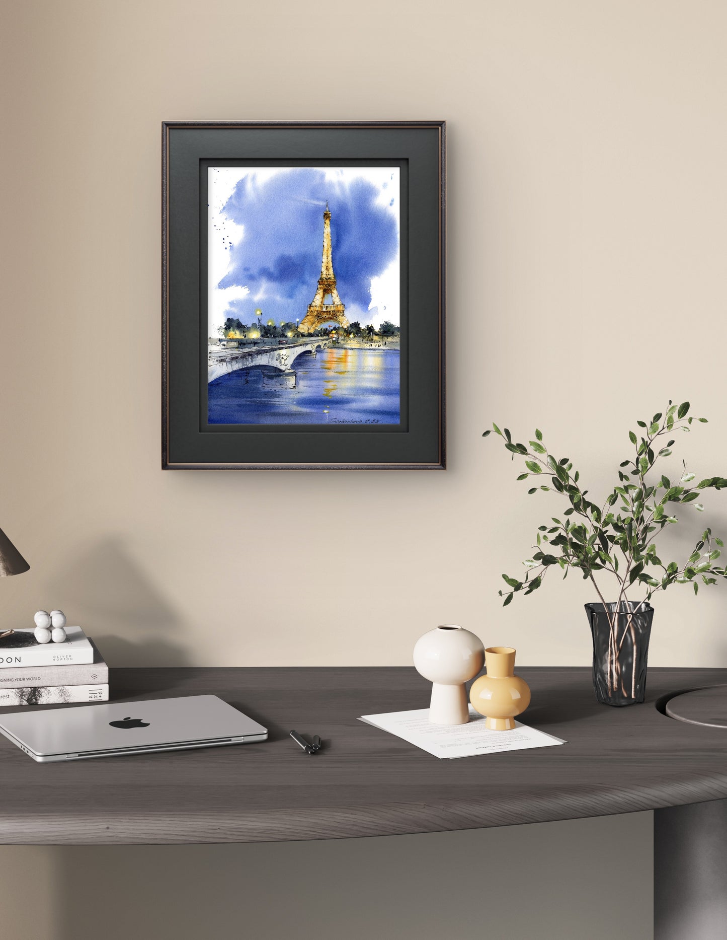 Eiffel Tower Watercolor Painting at Night, Paris Cityscape Art, Paris Lights 9x12 in