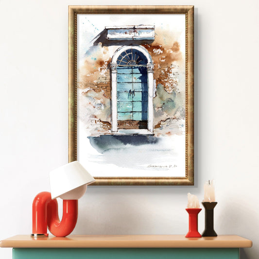 Charming Old City Watercolor Print - Mediterranean Antique Door Artwork from Europa