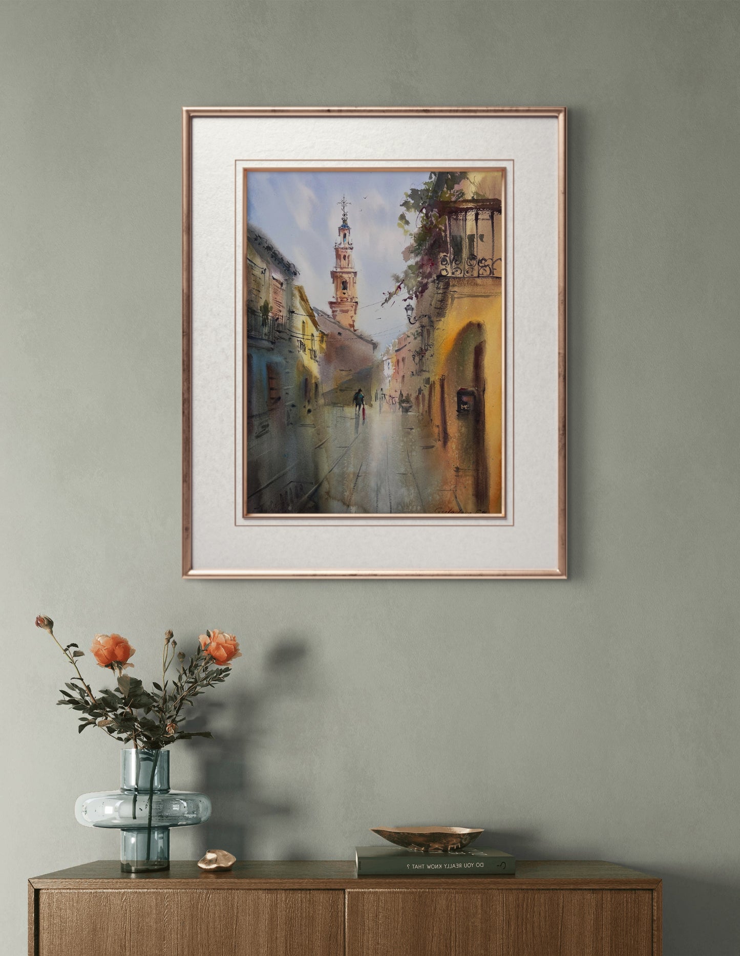 Original Sunlit European Street Watercolor Painting,A Walk Through Old Valencia 12x16